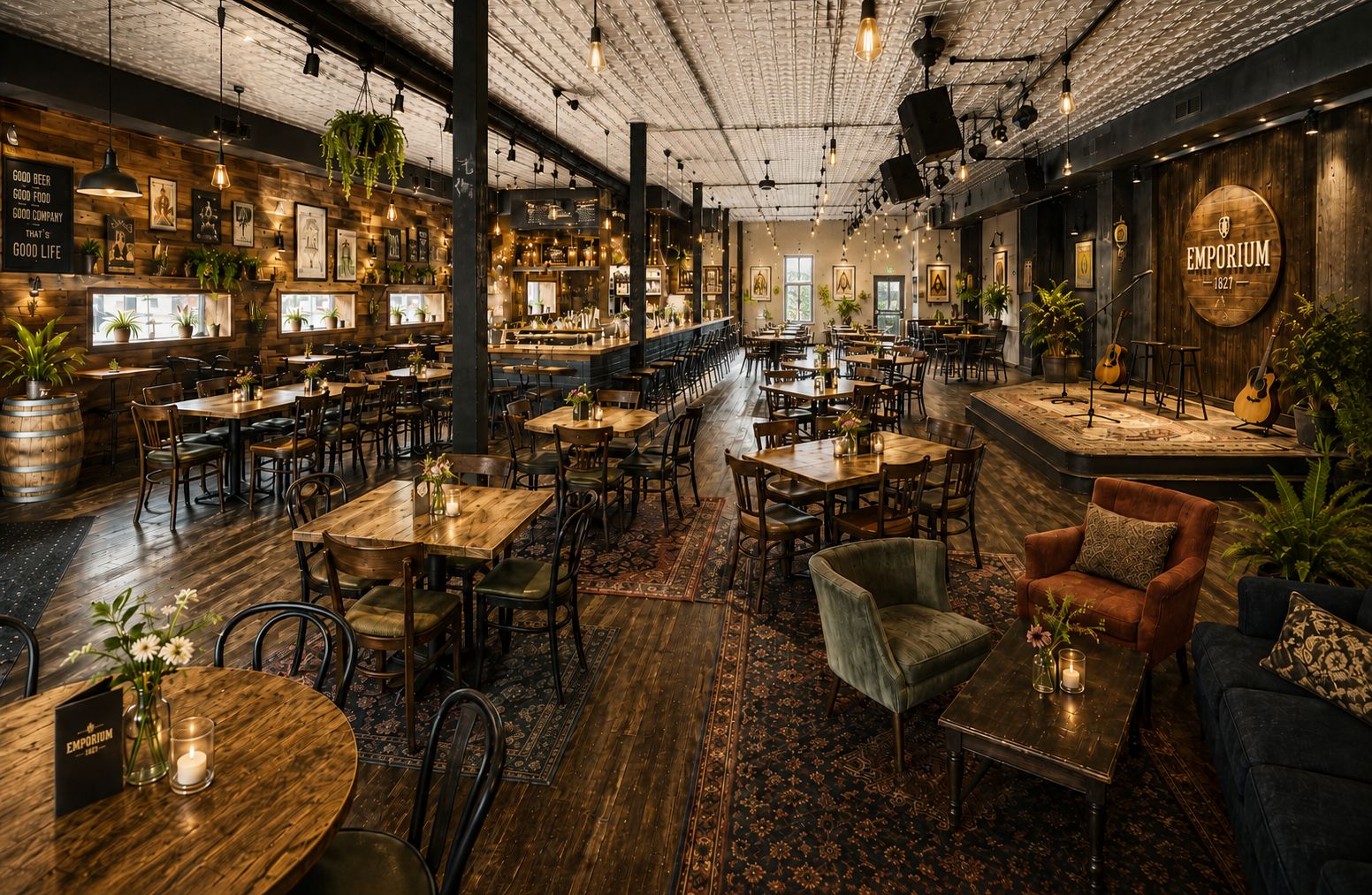 Inside Emporium 1827 — warm Edison lighting, long communal tables, and a tap wall stretching the length of the room